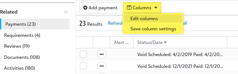 The columns dropdown is open in the Related records table
